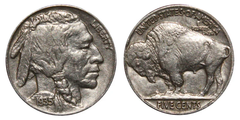 1935 Buffalo Nickel obverse and reverse showing the Native American portrait and American bison design