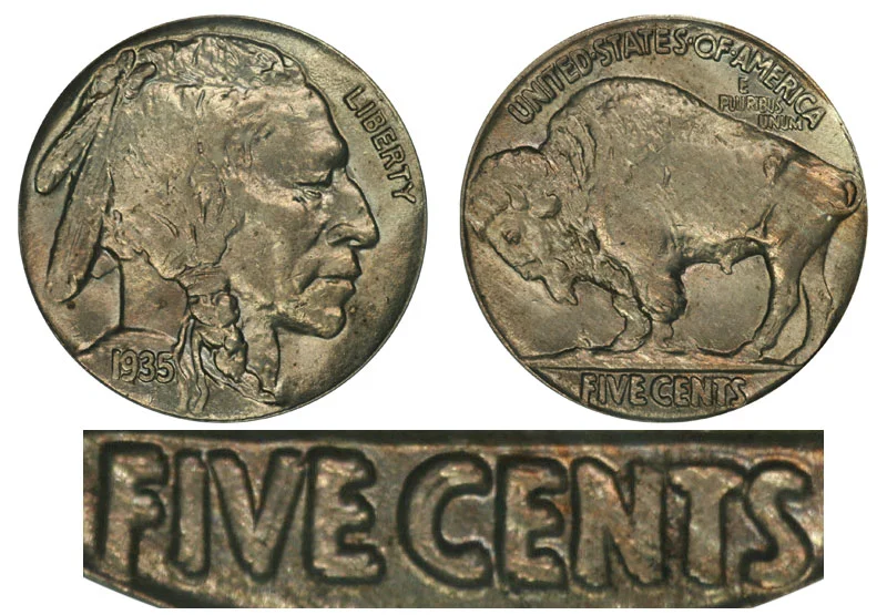 Side-by-side comparison of normal 1935 Buffalo Nickel reverse and 1935 DDR FS-801 Doubled Die Reverse showing lettering doubling