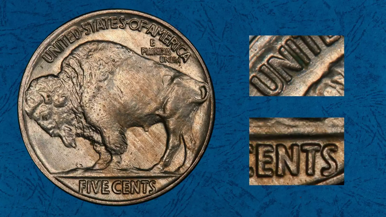 1935 Buffalo Nickel DDR FS-801 Doubled Die Reverse close-up showing doubled lettering on FIVE CENTS