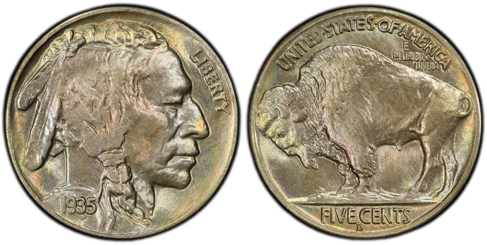 1935-D Buffalo Nickel showing the D Denver mint mark below FIVE CENTS on the reverse in high grade