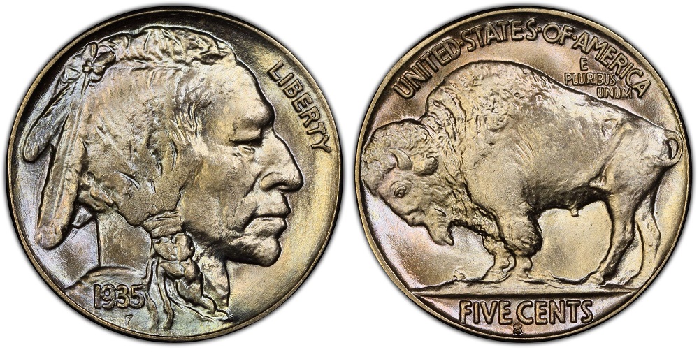 1935-S Buffalo Nickel reverse showing the S San Francisco mint mark below FIVE CENTS