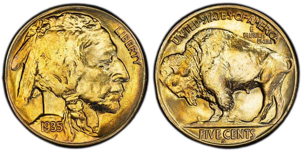 1935 Buffalo Nickel grading strip showing four condition tiers from Good to Gem Uncirculated demonstrating wear progression